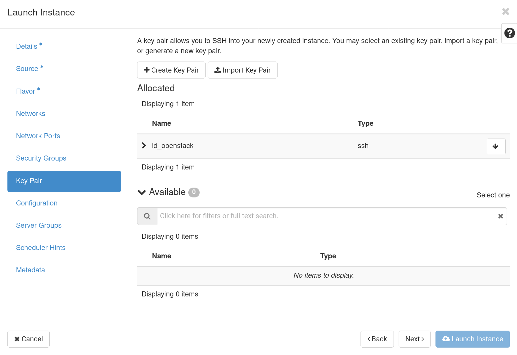 OpenStack VM Create - Key